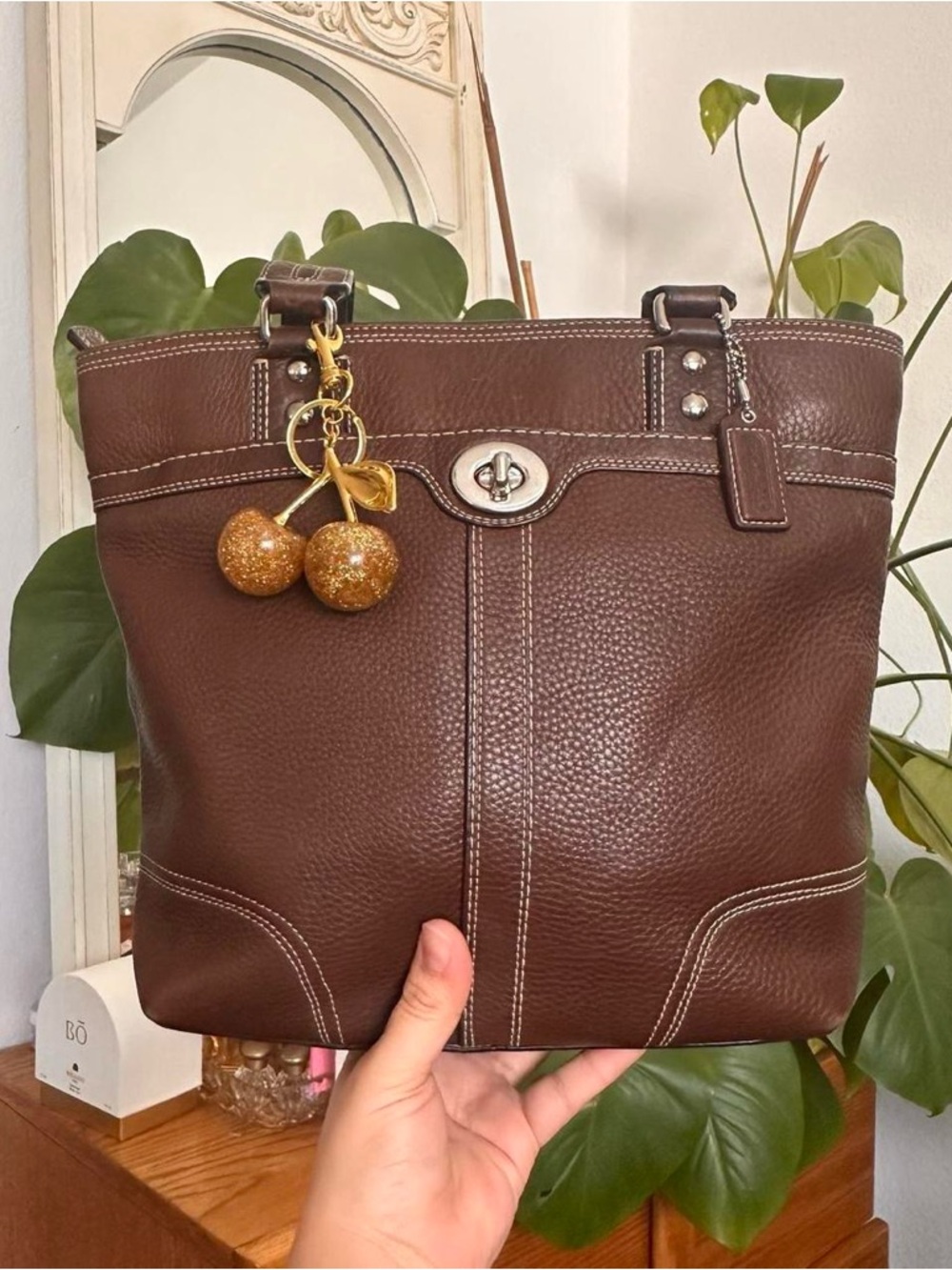 Y2k Coach Brown Leather Tote with Turnlock